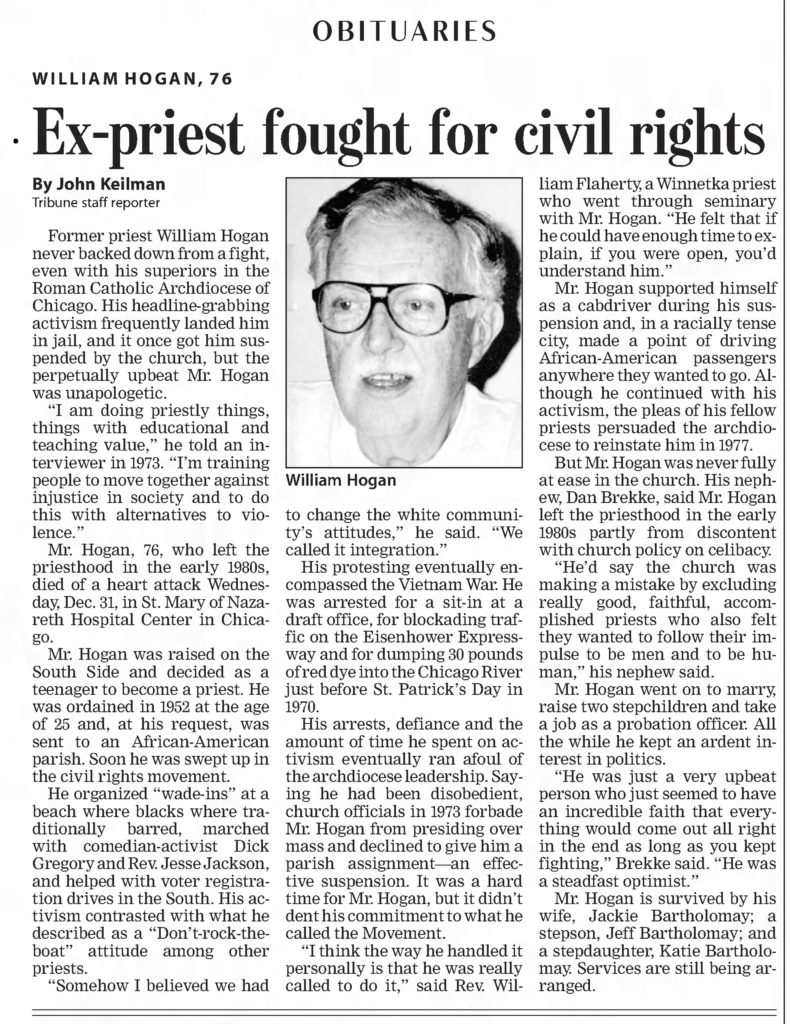 Image of Chicago Tribune obituary for Father Bill Hogan, 1927-2003.