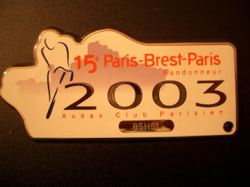 My medal for finishing the 2003 Paris-Brest-Paris randonee. 