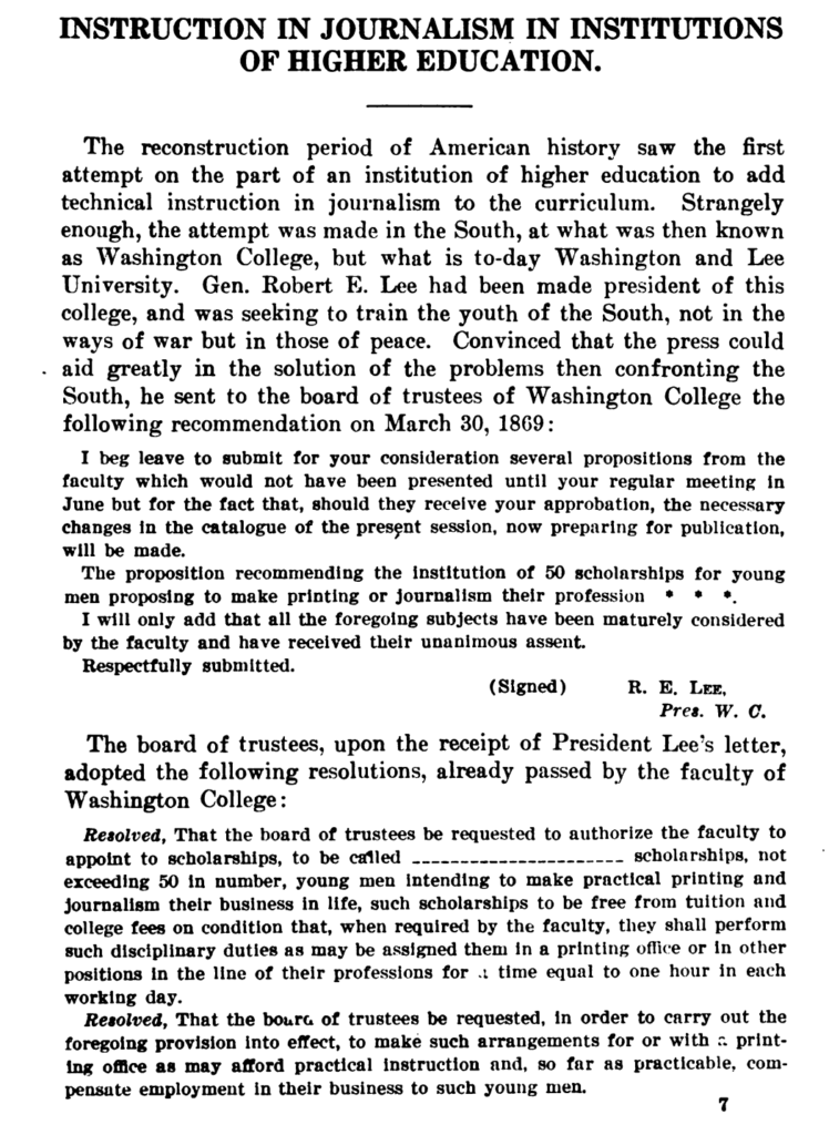 A page from 1918 Department of Interior bulletin on journalism education.