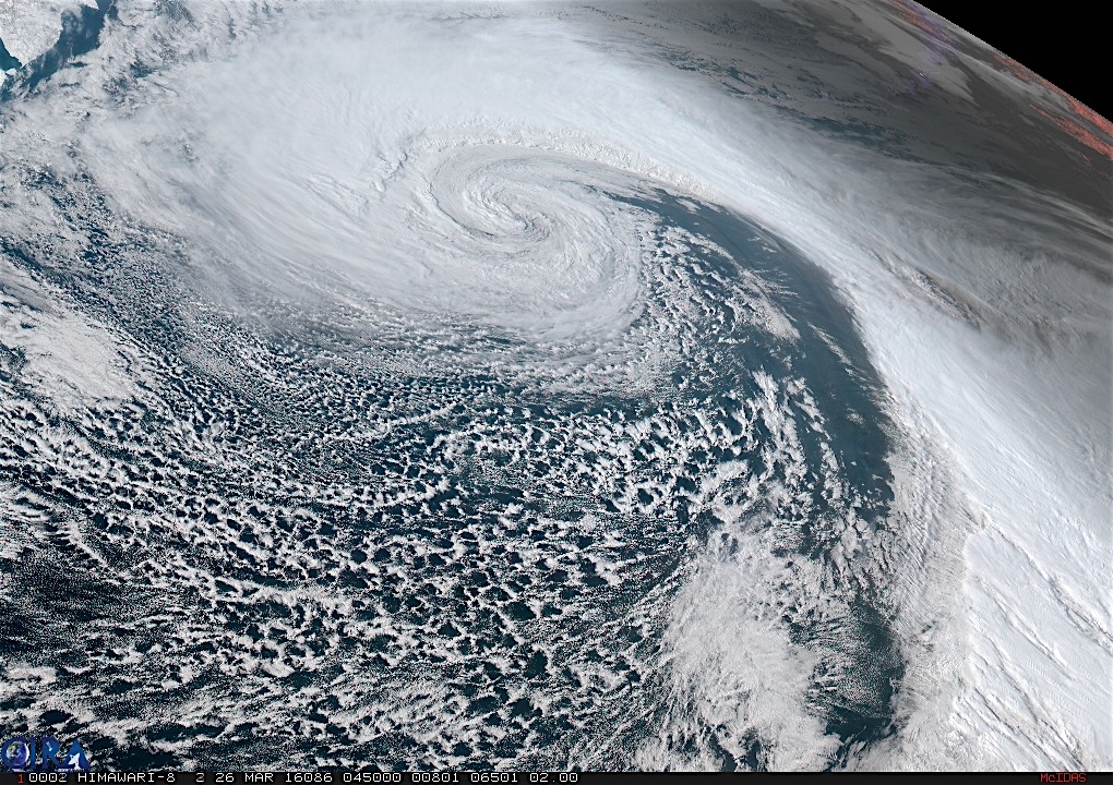 Himawari satellite image of an intense storm in the northern Pacific, March 26, 2016. 