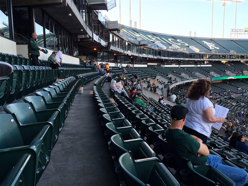 The Oakland Coliseum during an Athletics' weeknight game, April 2016.